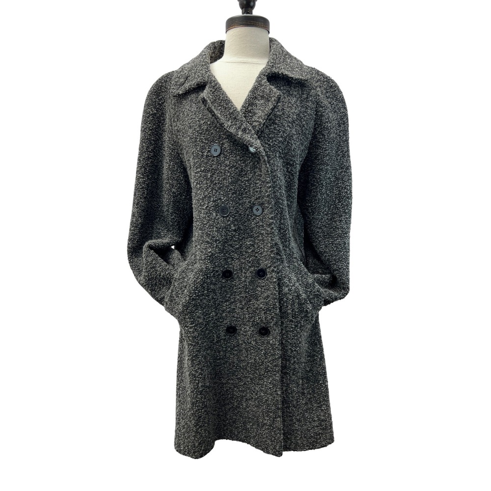 Sandro Bouclé Coat Women 14 Gray Excellent Double Breasted Wool Blend Mid Length